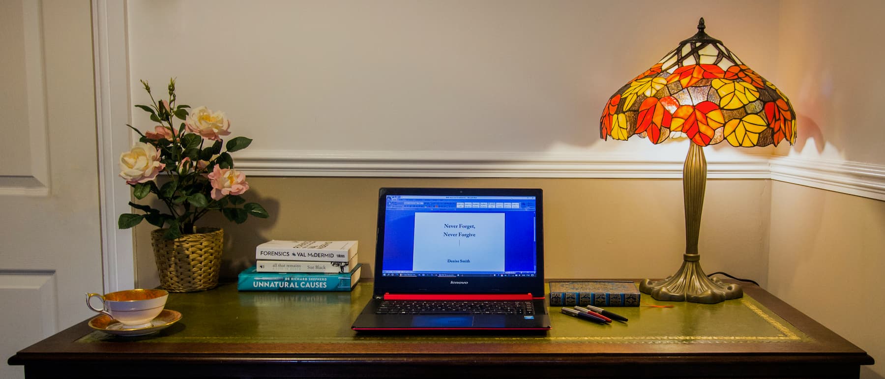 A laptop on a desk displaying Denise's book