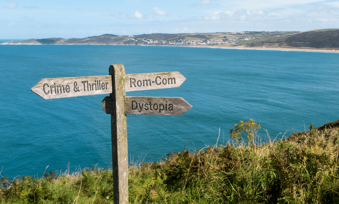A signpost by the sea, pointing to Crime & Thriller, Rom-Com and Dystopia