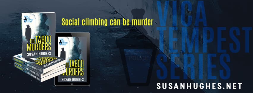 Susan's book The Taboo Murders with tagline "Social climbing can be murder"